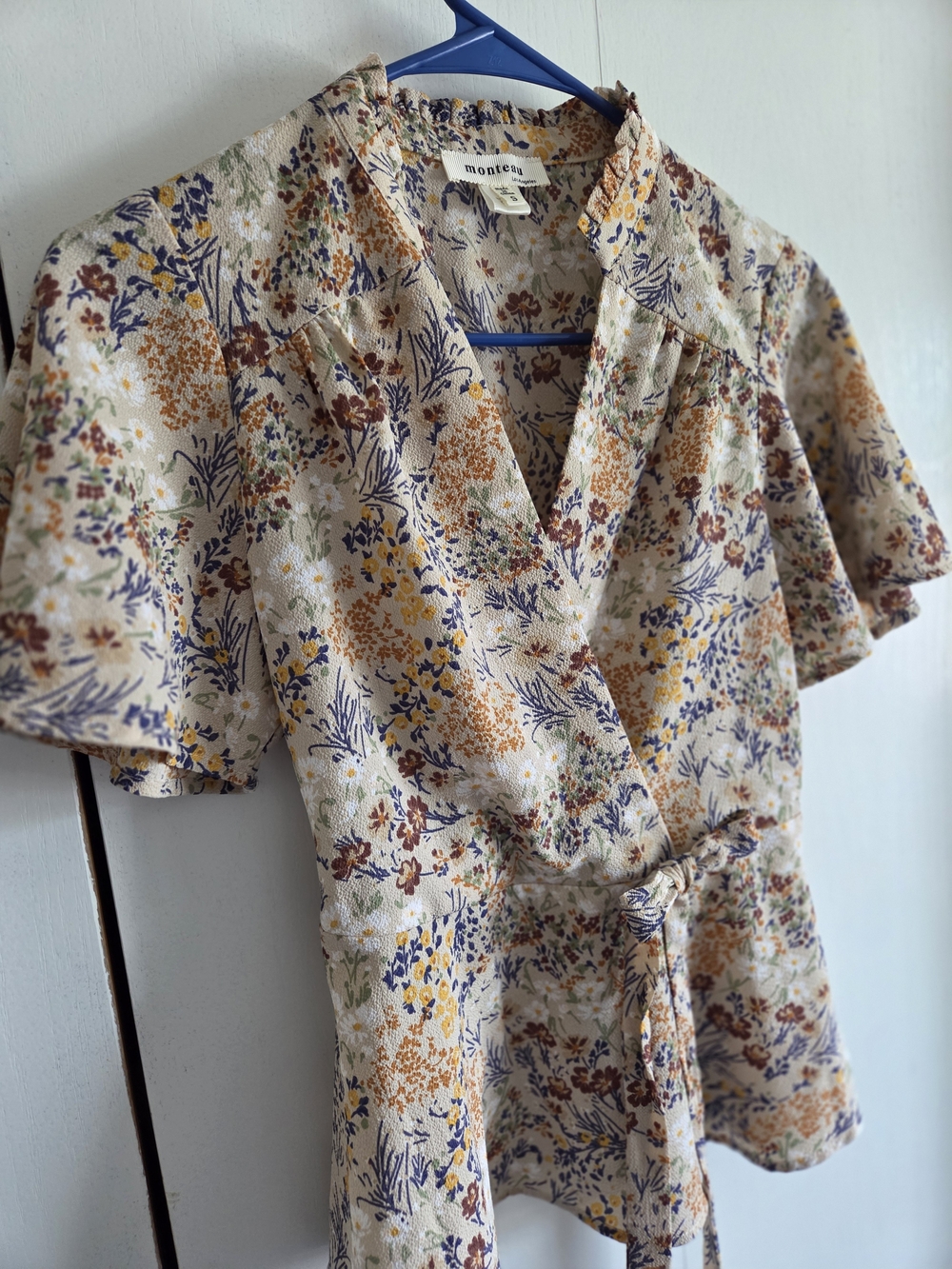 Monteau Cream Floral Wrap Top with Blue & Mustard Accents